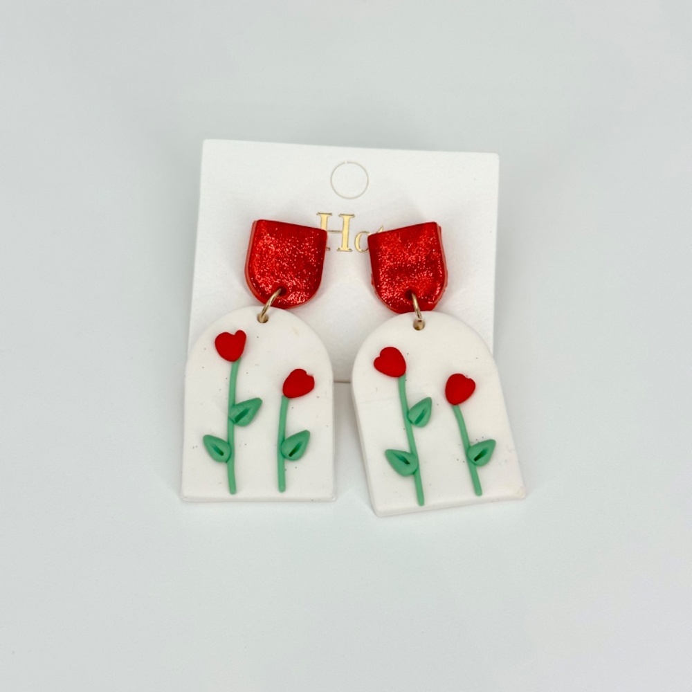 Glamorous 3D Red Floral Drop Earrings - Picture 4 of 4